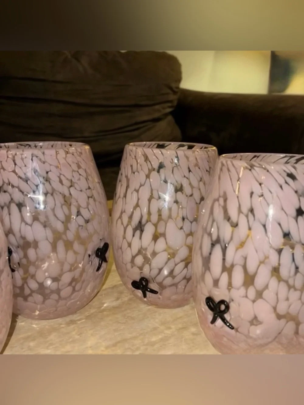 Set of 4 Pink Confetti Stemless Wine Glasses with‎ Black Coquette Bow Icons NEW
